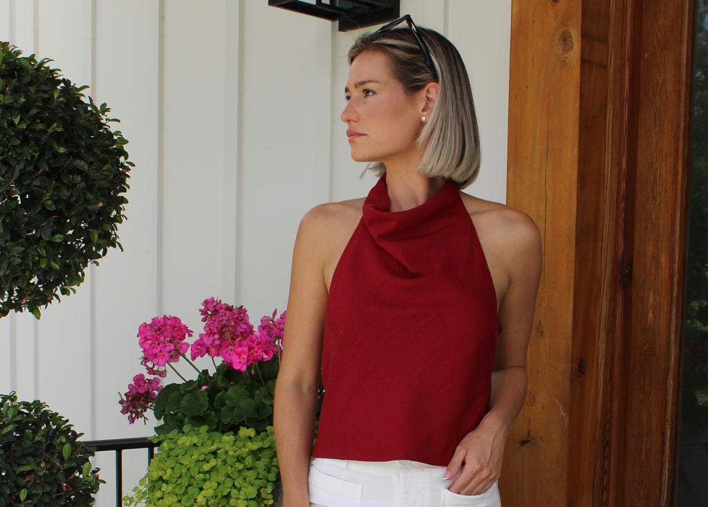 Red Linen Halter Top – Open Back Summer Night Essential