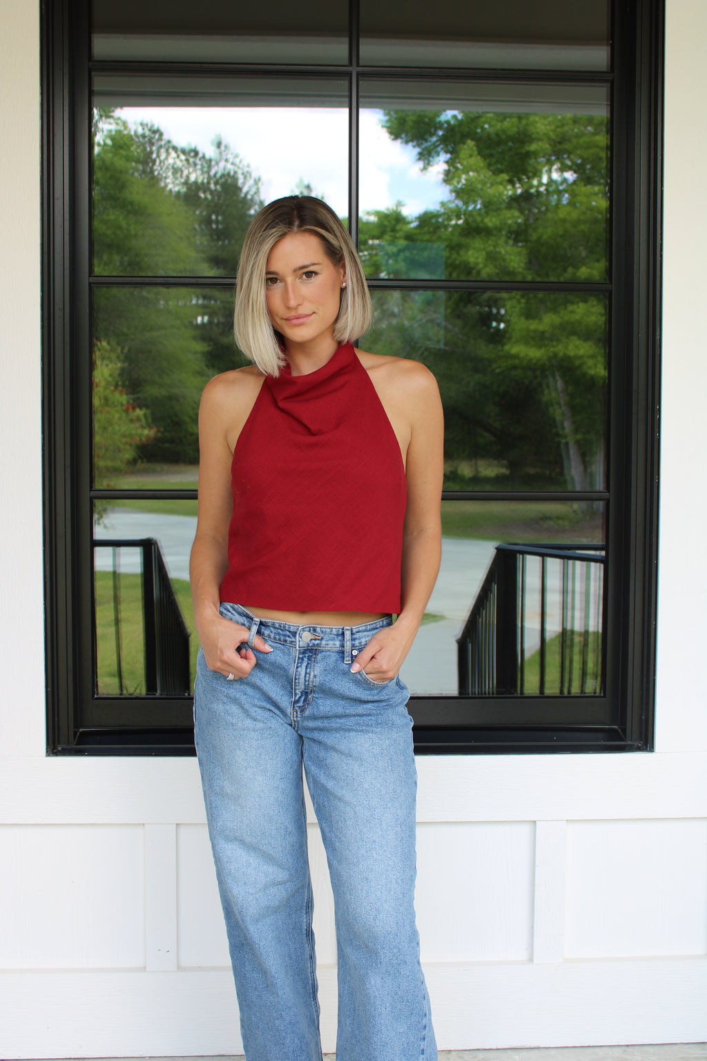 Red Linen Halter Top – Open Back Summer Night Essential