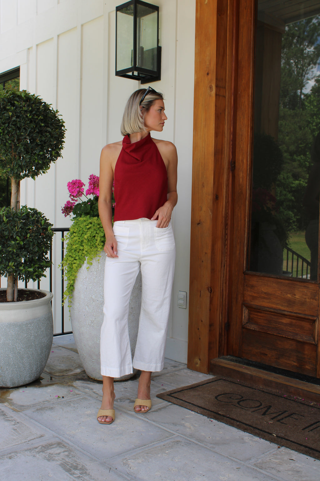 Red Linen Halter Top – Open Back Summer Night Essential