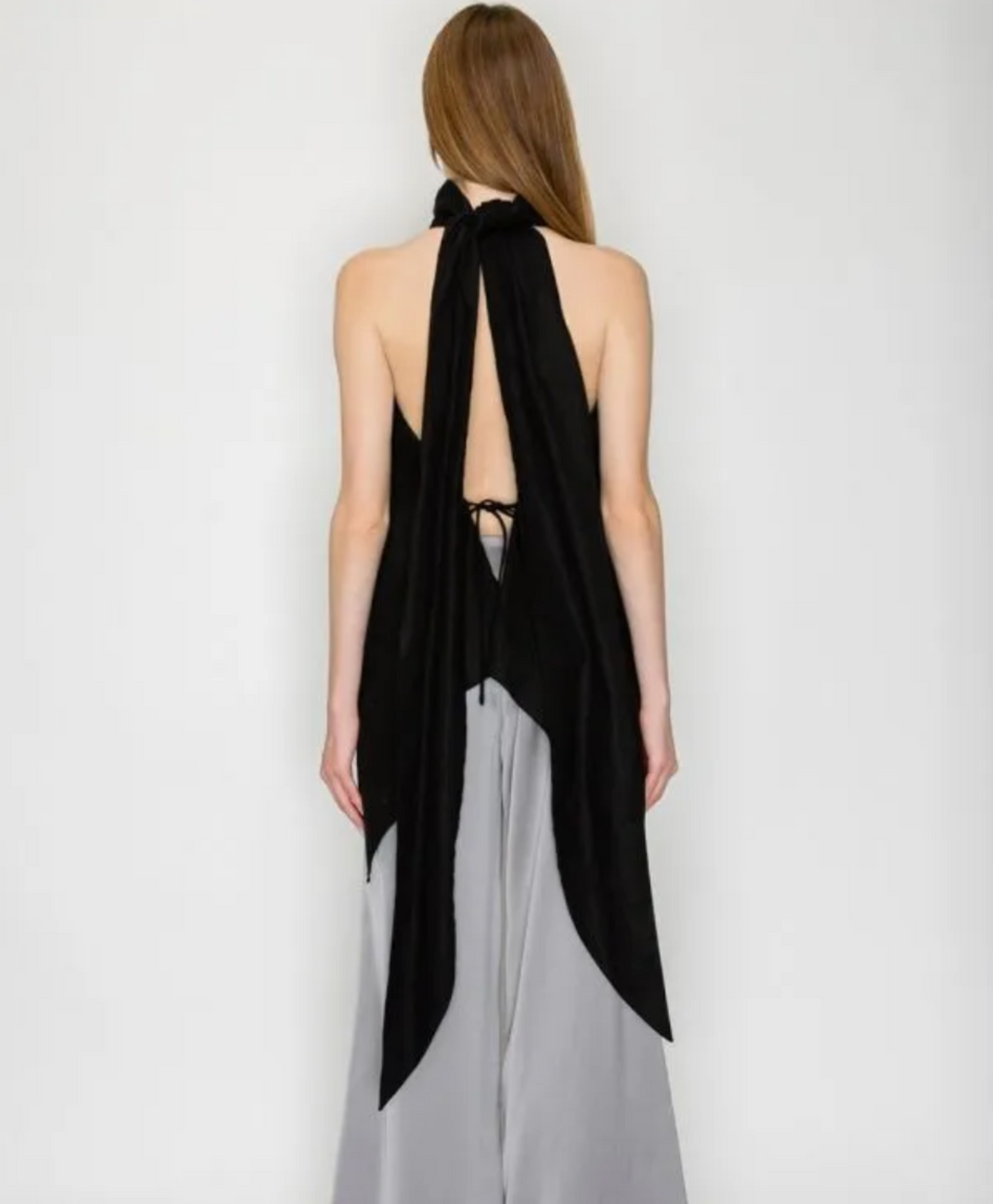 Black Linen Halter Top with Draped High Neck