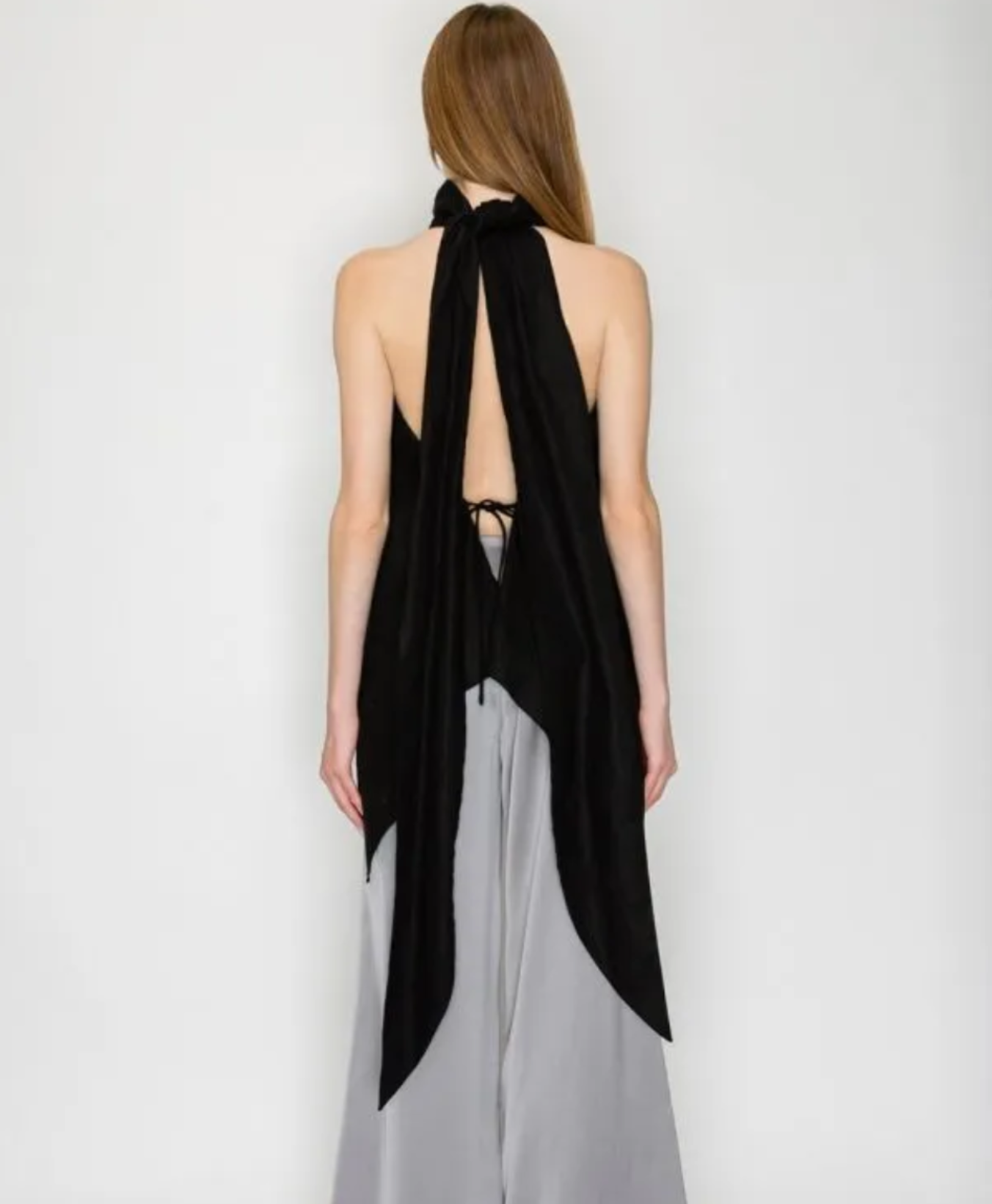 Black Linen Halter Top with Draped High Neck