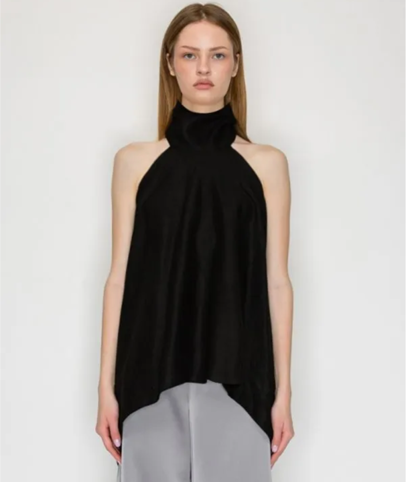 Black Linen Halter Top with Draped High Neck