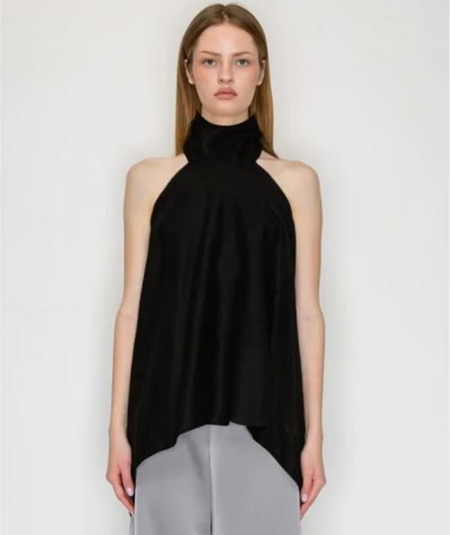 Black Linen Halter Top with Draped High Neck