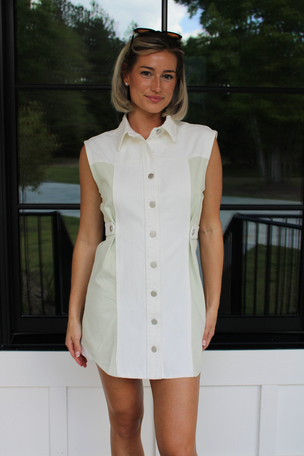 Denim button down colored two tone, green and white dress