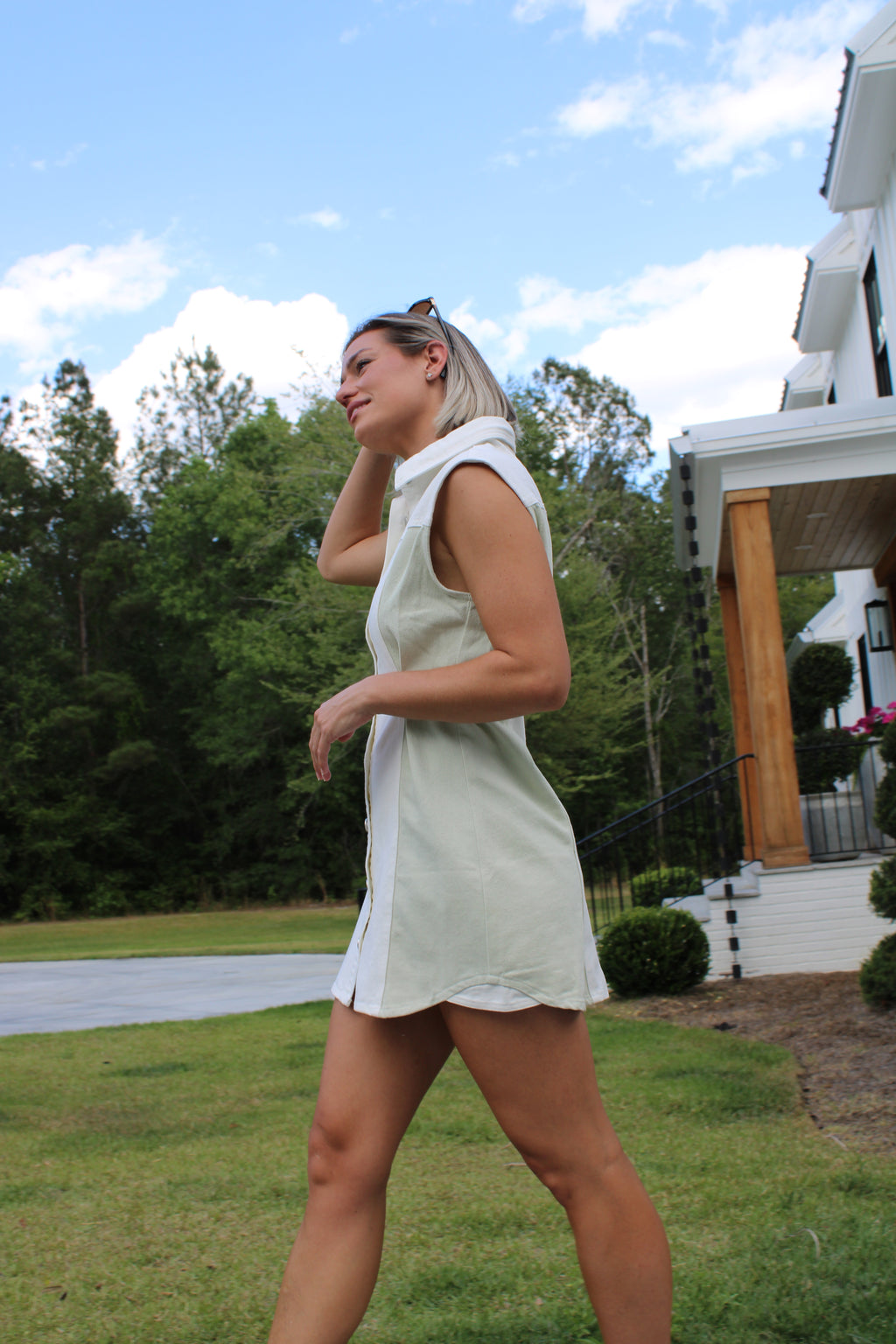 Denim button down colored two tone, green and white dress