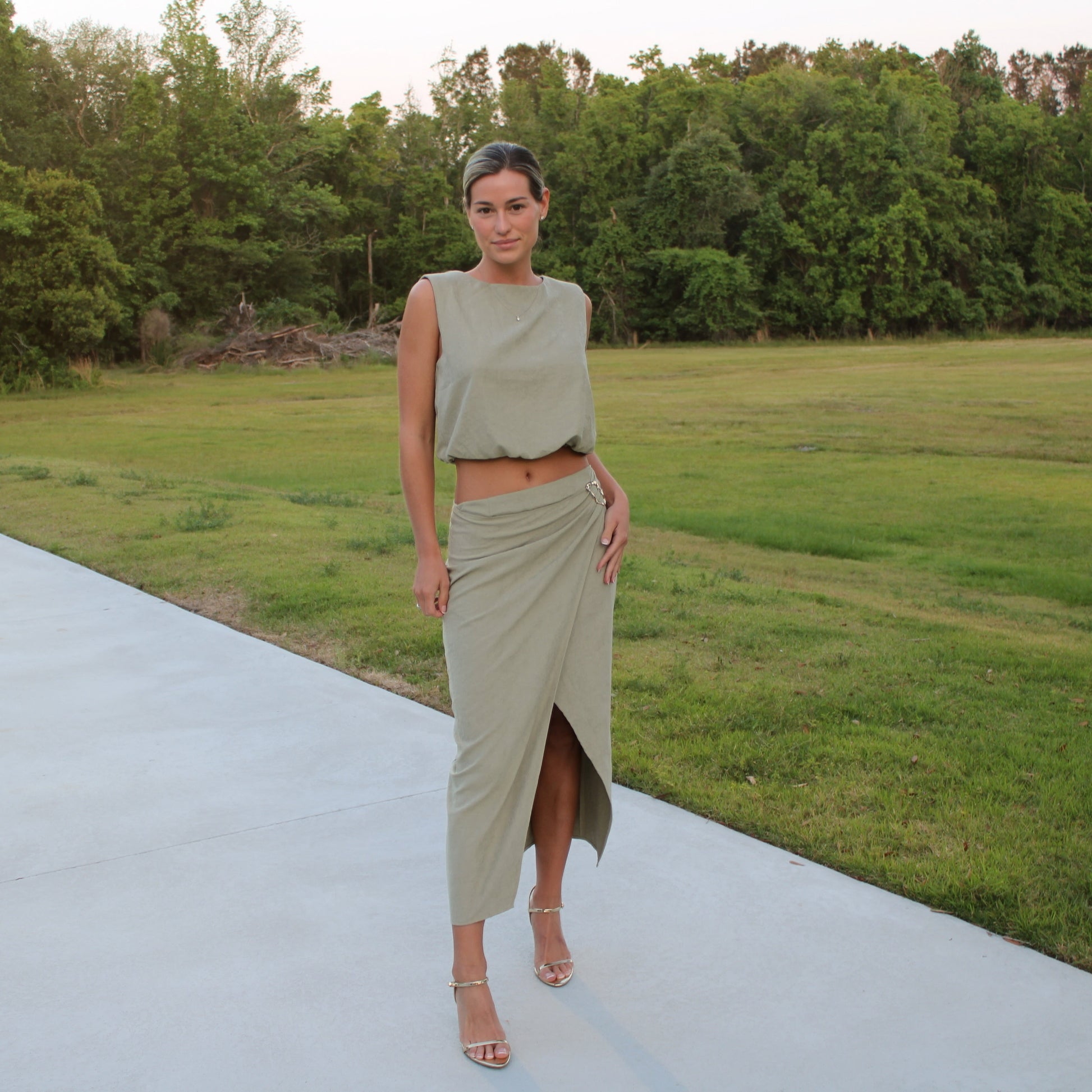 Olive Wrap Midi Skirt – Adjustable Tie Waist
