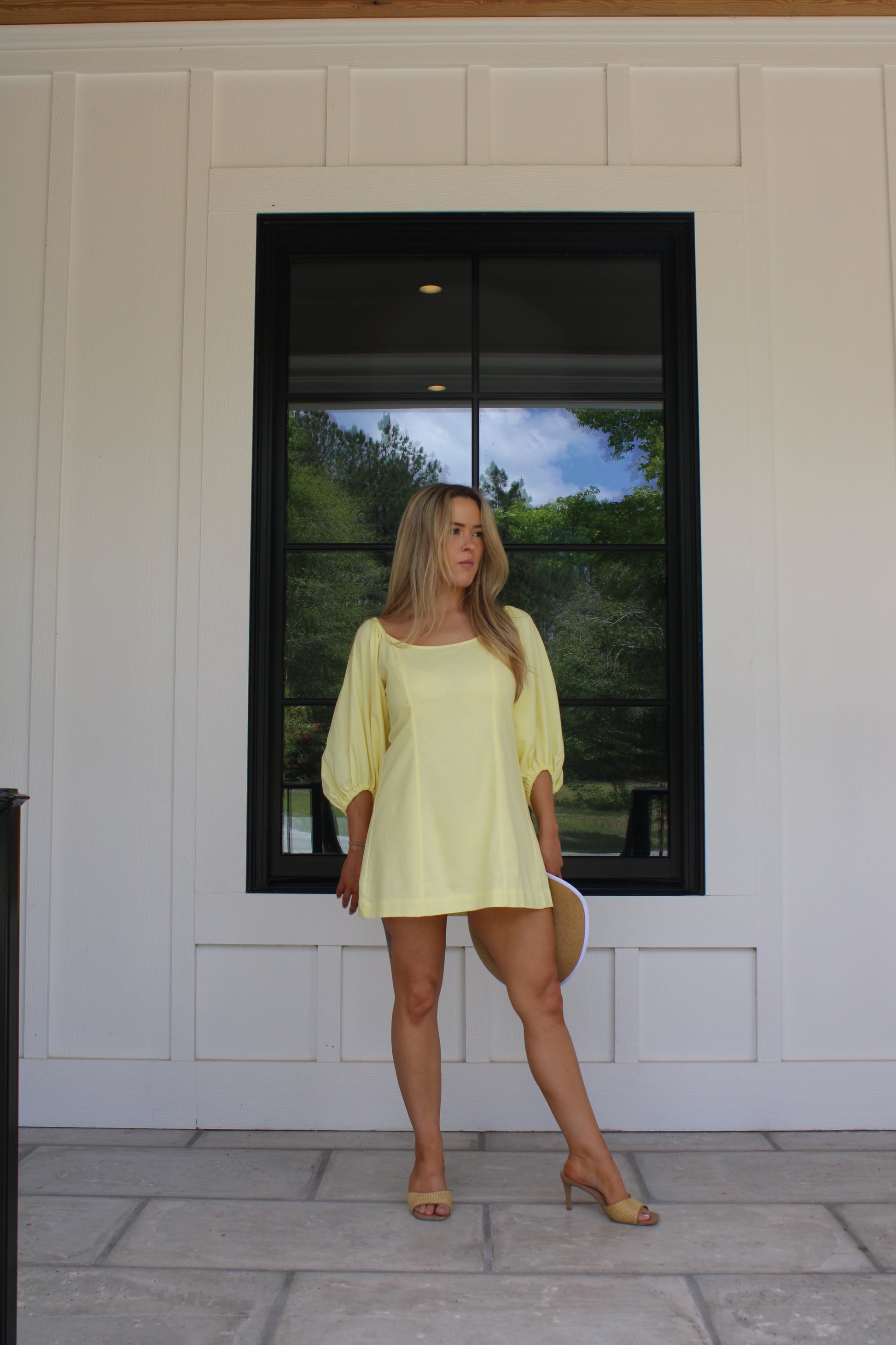 Butter Yellow Open-Back Puff Sleeve short Dress