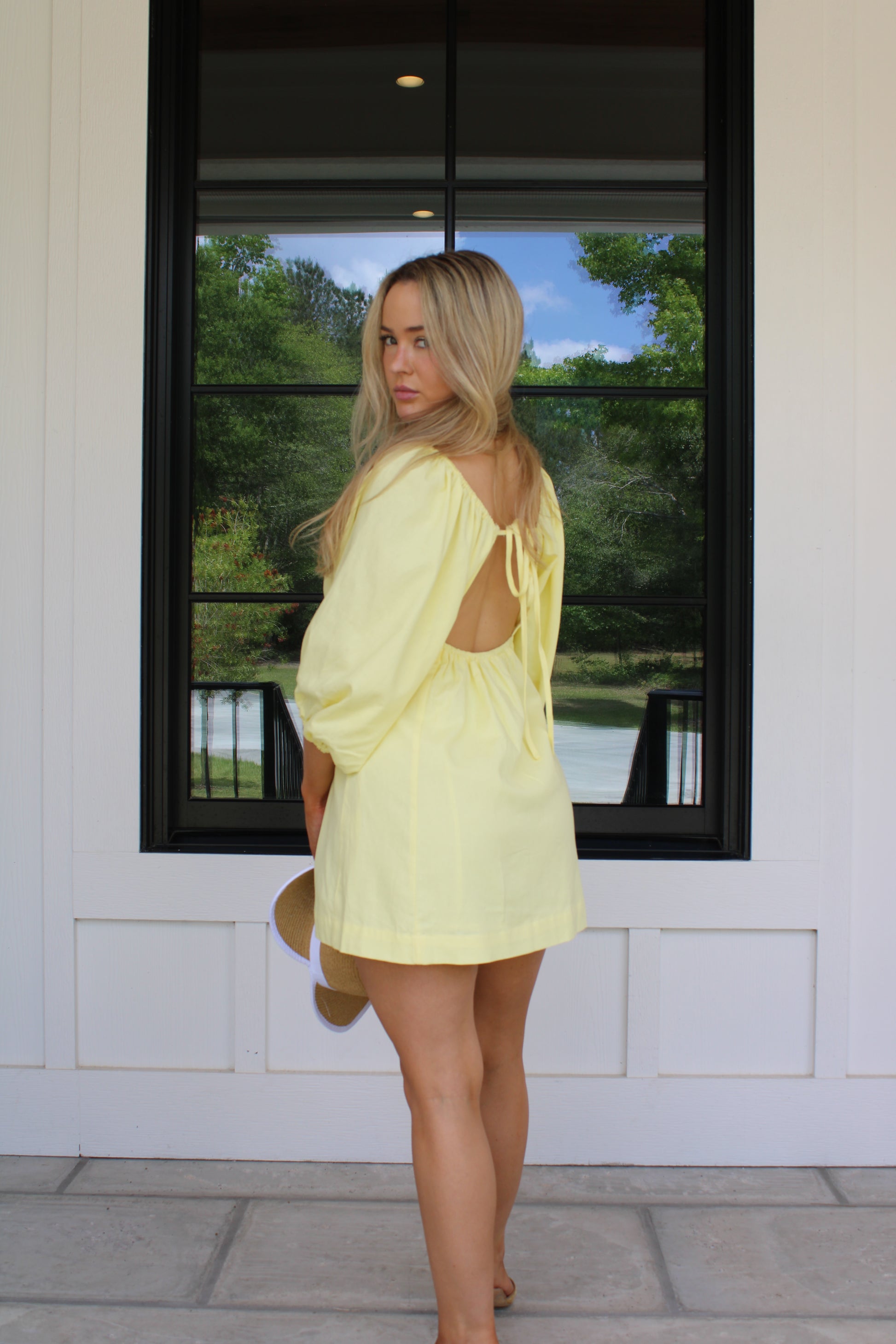 Butter Yellow Open-Back Puff Sleeve short Dress – Off Standard