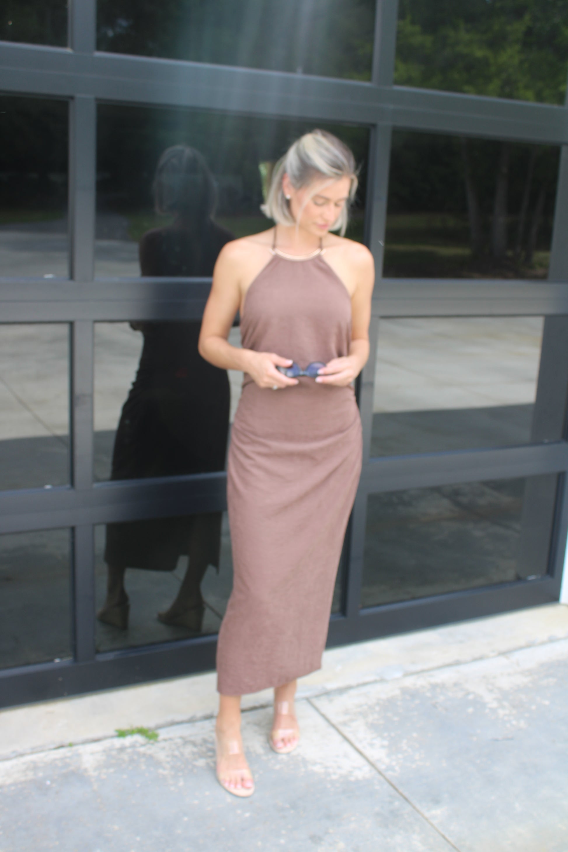 Chocolate Brown Halter Maxi Dress – Soft Draped Bodycon Summer vacation Dress