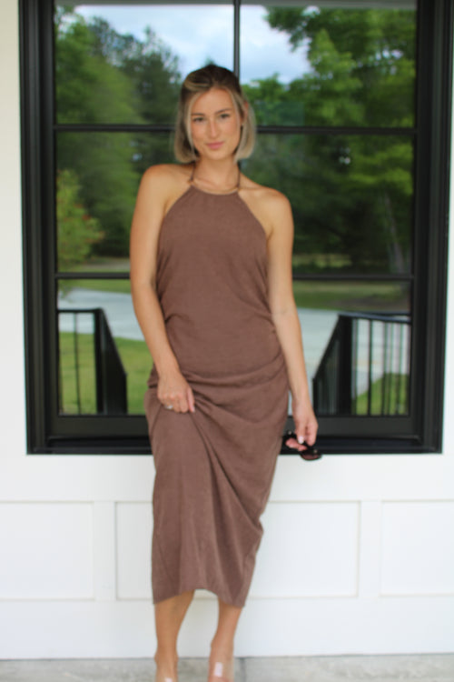 Chocolate Brown Halter Maxi Dress – Soft Draped Bodycon Summer vacation Dress