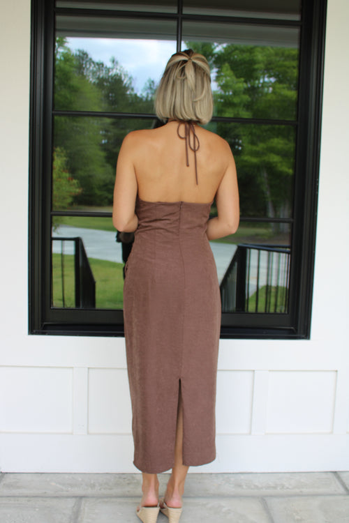 Chocolate Brown Halter Maxi Dress – Soft Draped Bodycon Summer vacation Dress