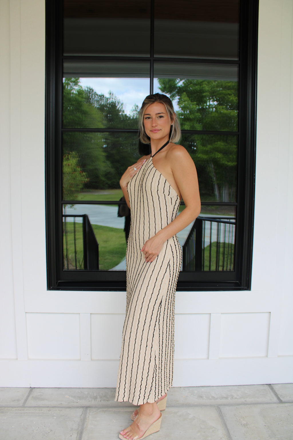 Cream Textured Halter Maxi Dress with Black Stripe Detail