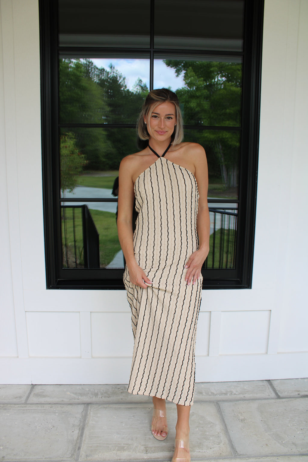 Cream Textured Halter Maxi Dress with Black Stripe Detail