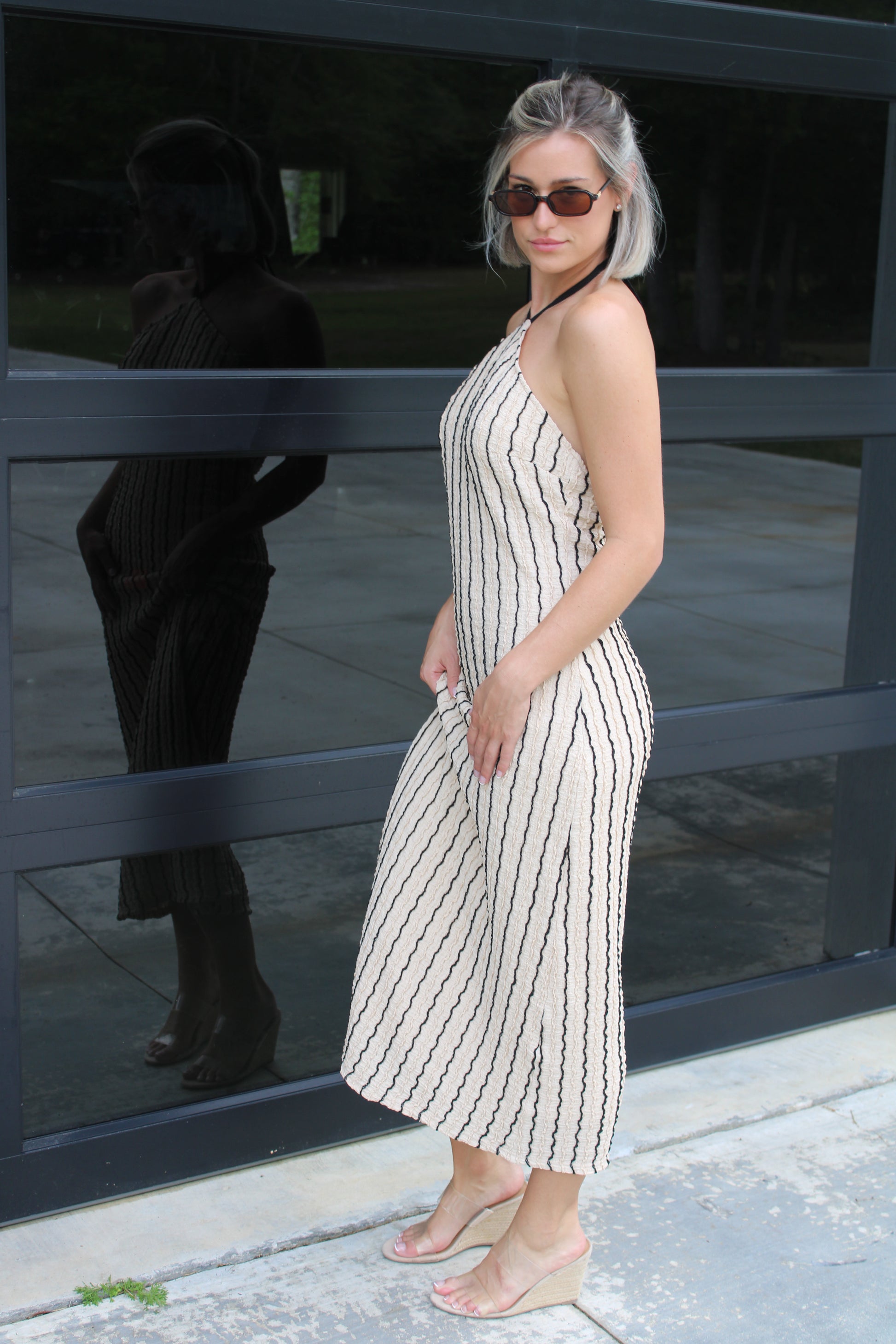 Cream Textured Halter Maxi Dress with Black Stripe Detail
