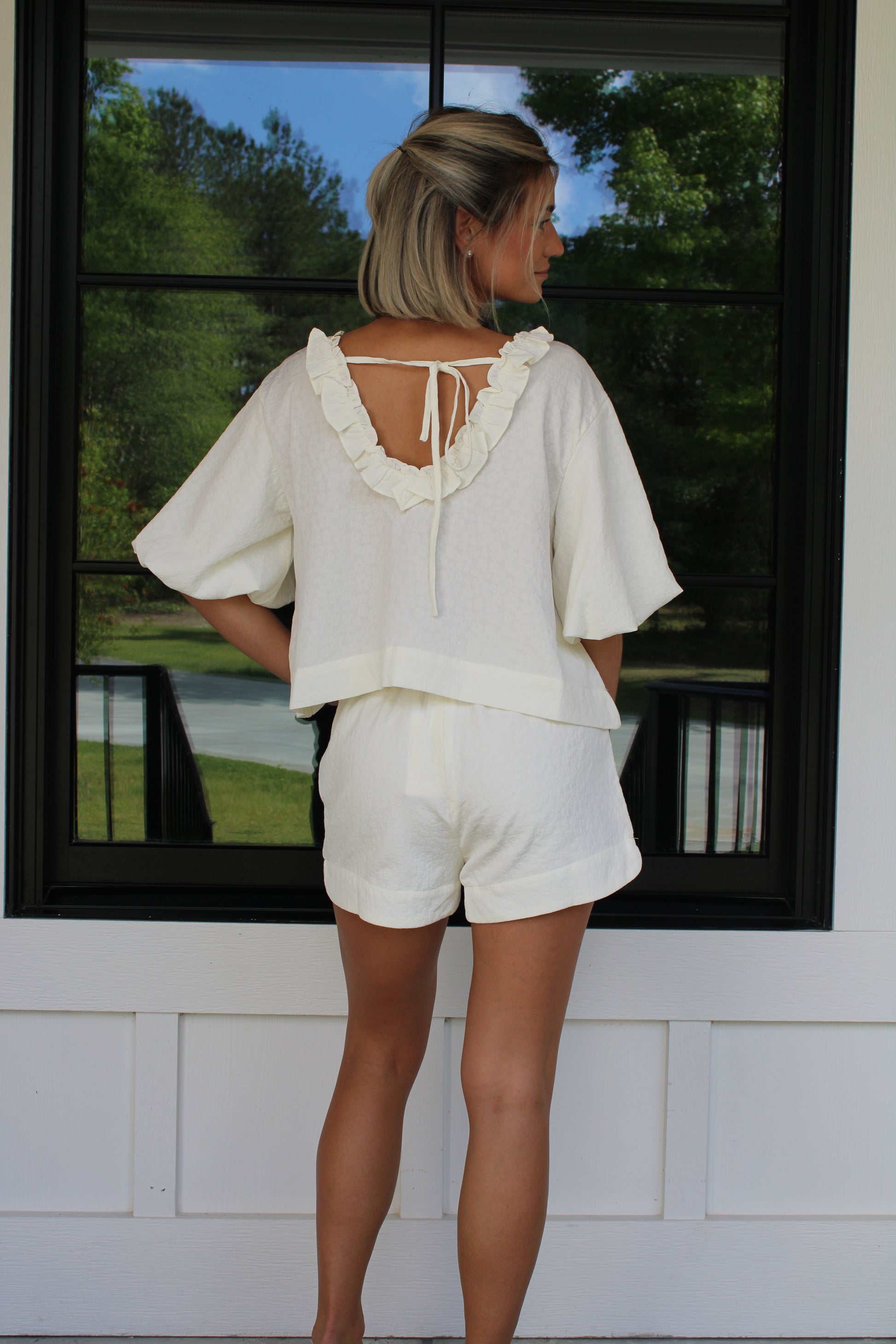 Dusty White Ruffle Back Tie Top & High-Waist Shorts Set |