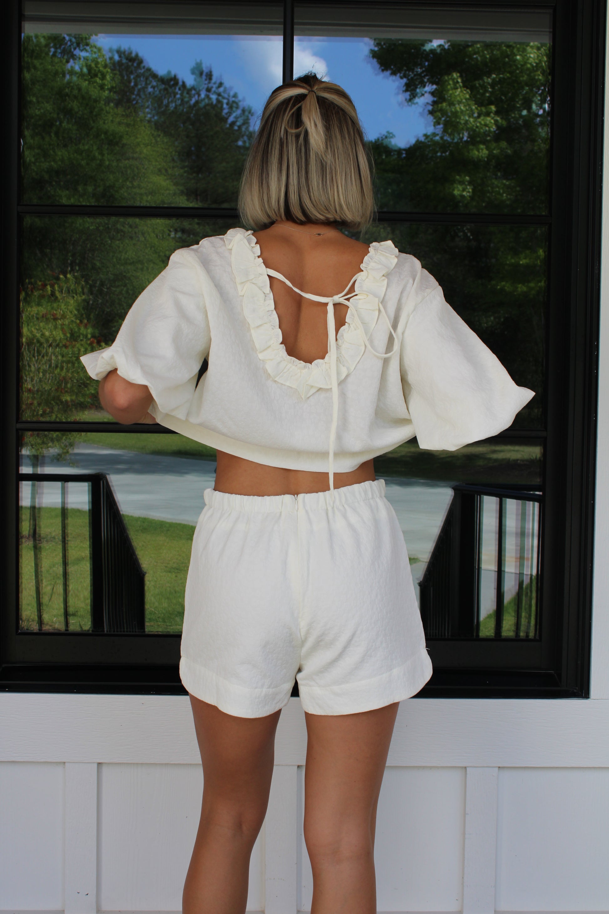 Dusty White Ruffle Back Tie Top & High-Waist Shorts Set |
