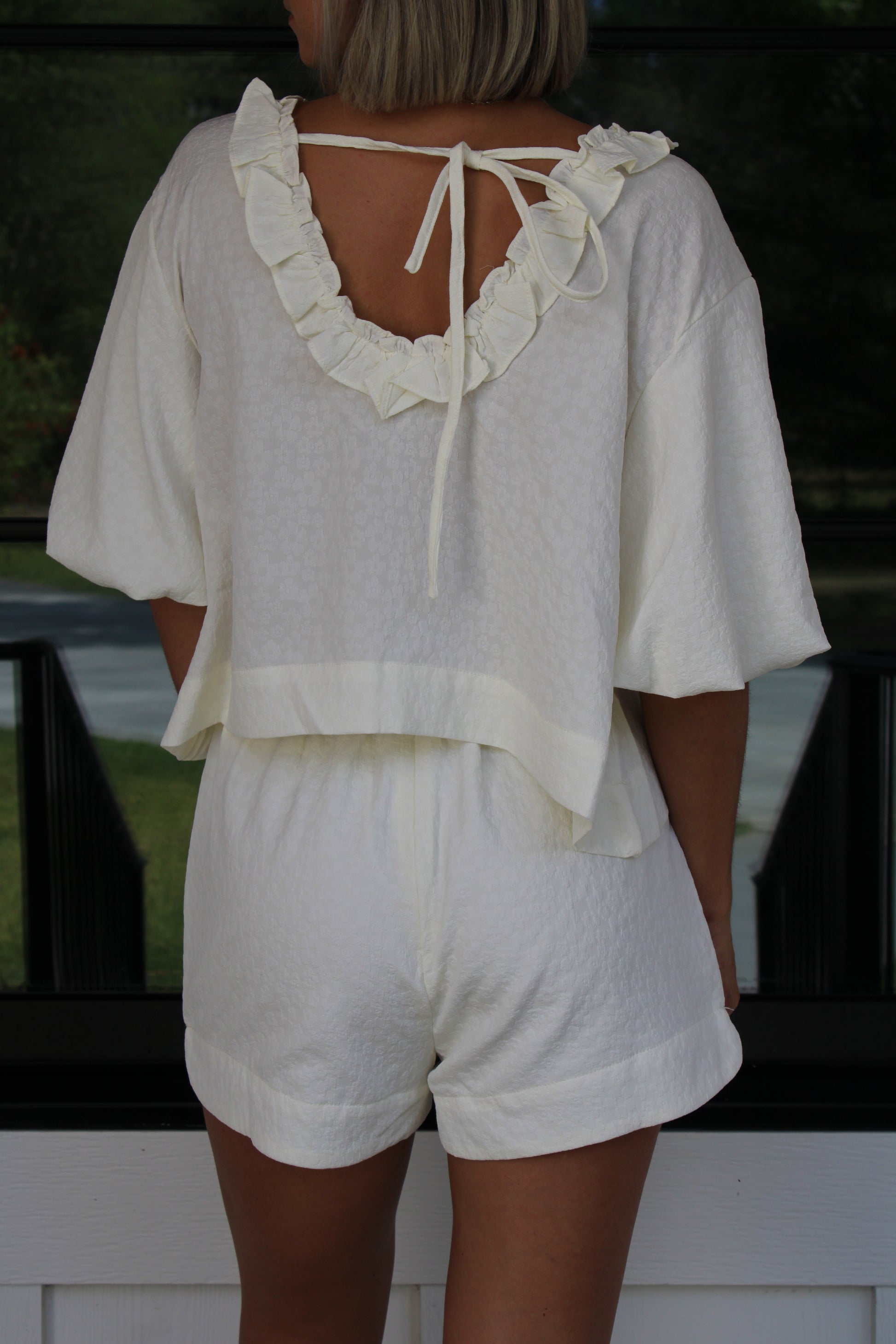 Dusty White Ruffle Back Tie Top & High-Waist Shorts Set |