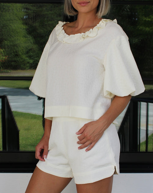 Dusty White Ruffle Back Tie Top & High-Waist Shorts Set |