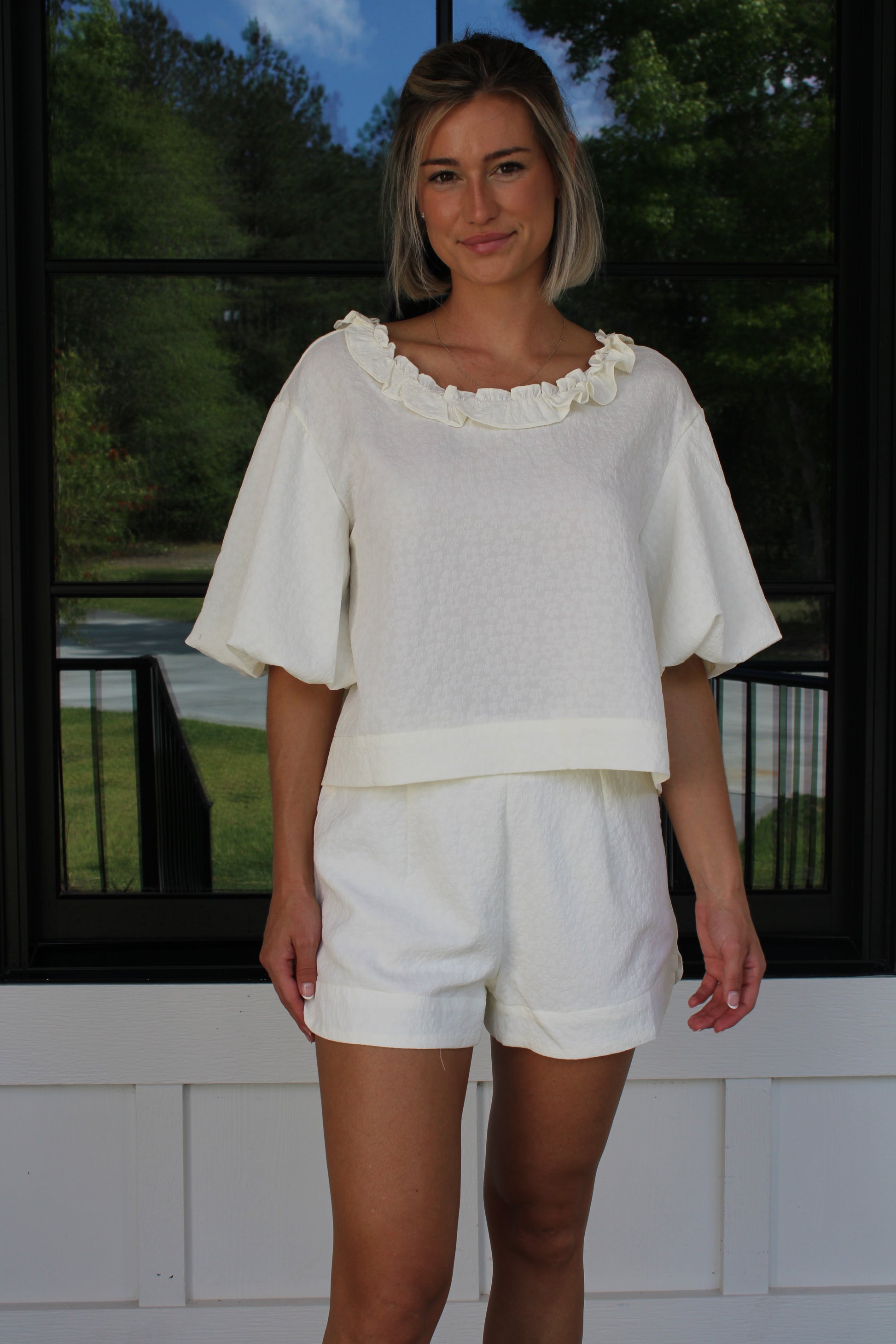 Dusty White Ruffle Back Tie Top & High-Waist Shorts Set |