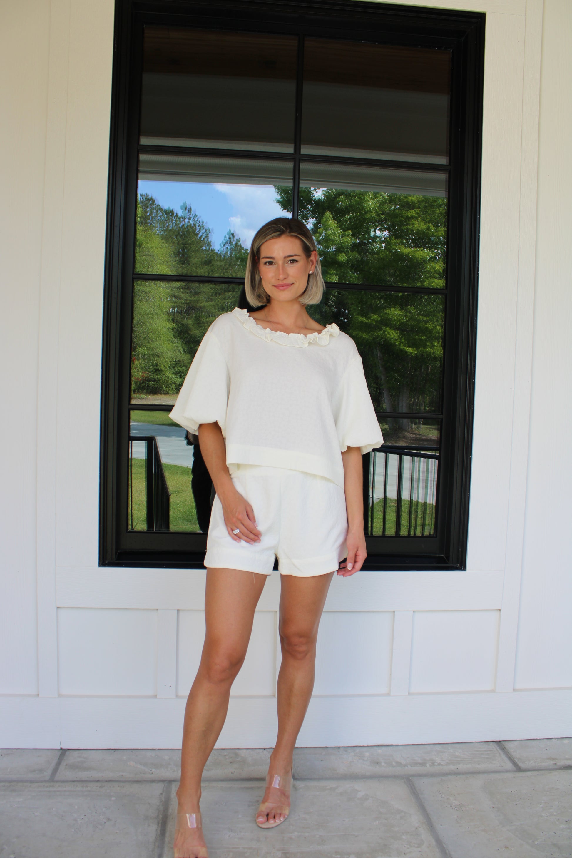 Dusty White Ruffle Back Tie Top & High-Waist Shorts Set |