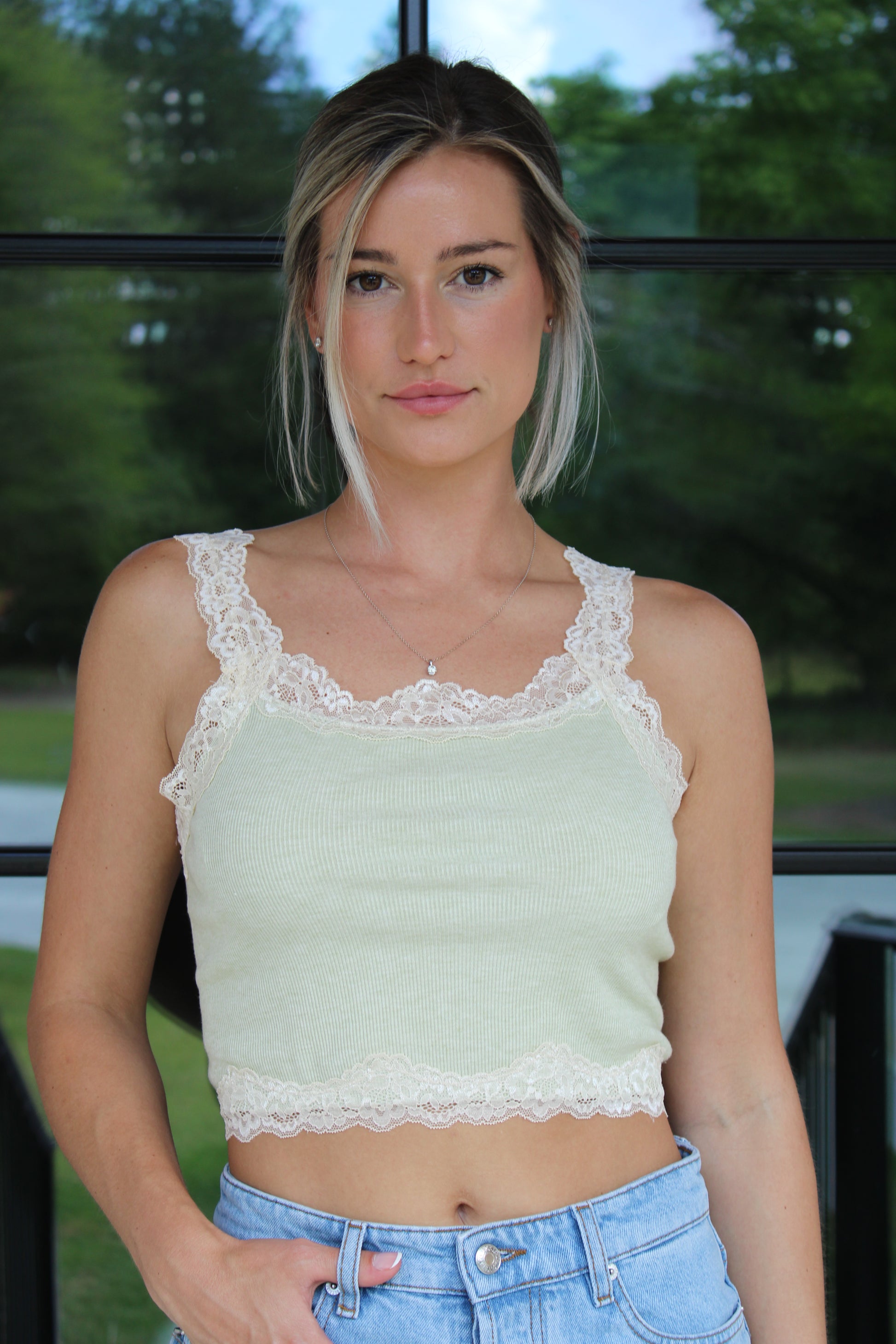 Lace Trim Ribbed Cami – Soft Sage Cropped Tank