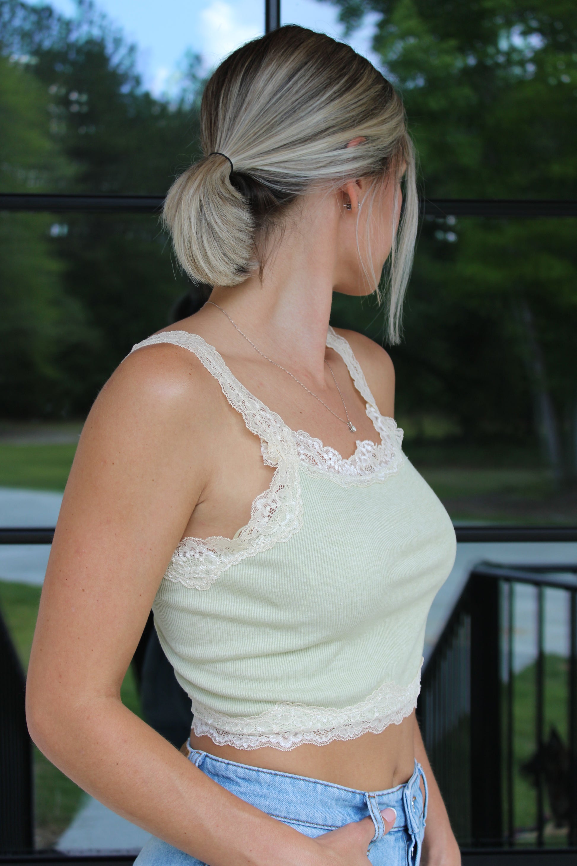 Lace Trim Ribbed Cami – Soft Sage Cropped Tank