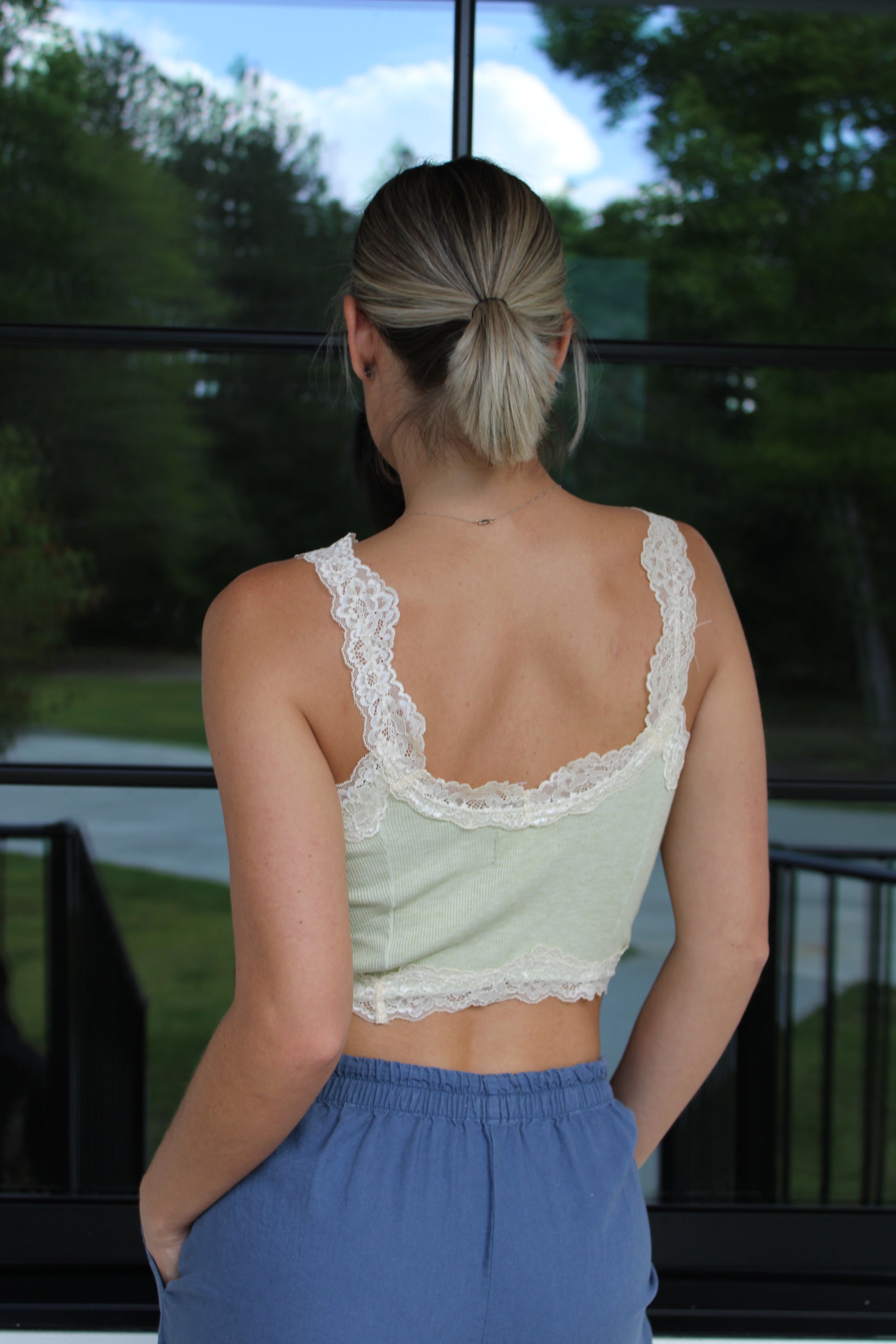 Lace Trim Ribbed Cami – Soft Sage Cropped Tank