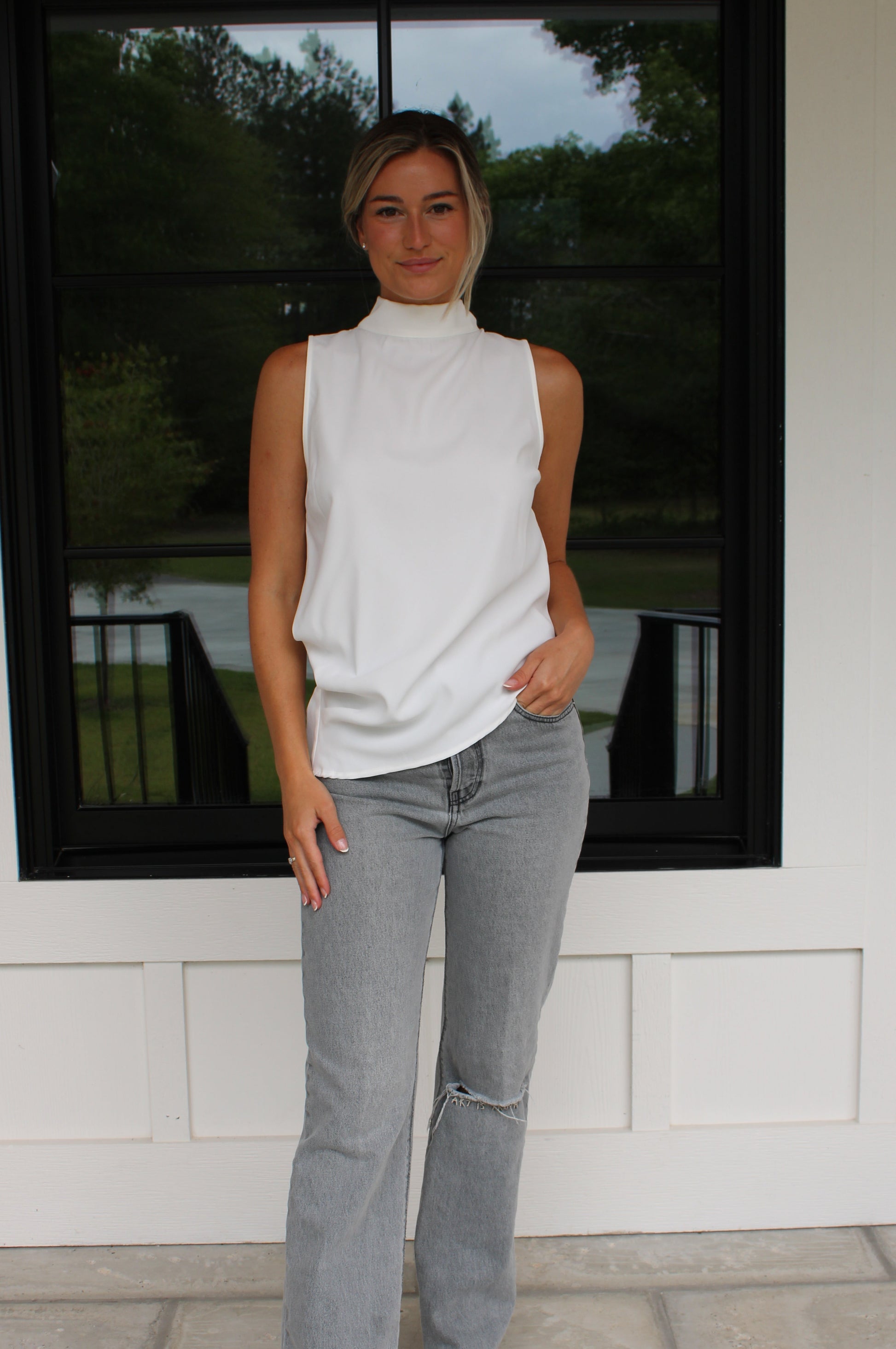 Satin Asymmetric Cowl Back Ribbon Top – Luxury Draped Sleeveless Blouse