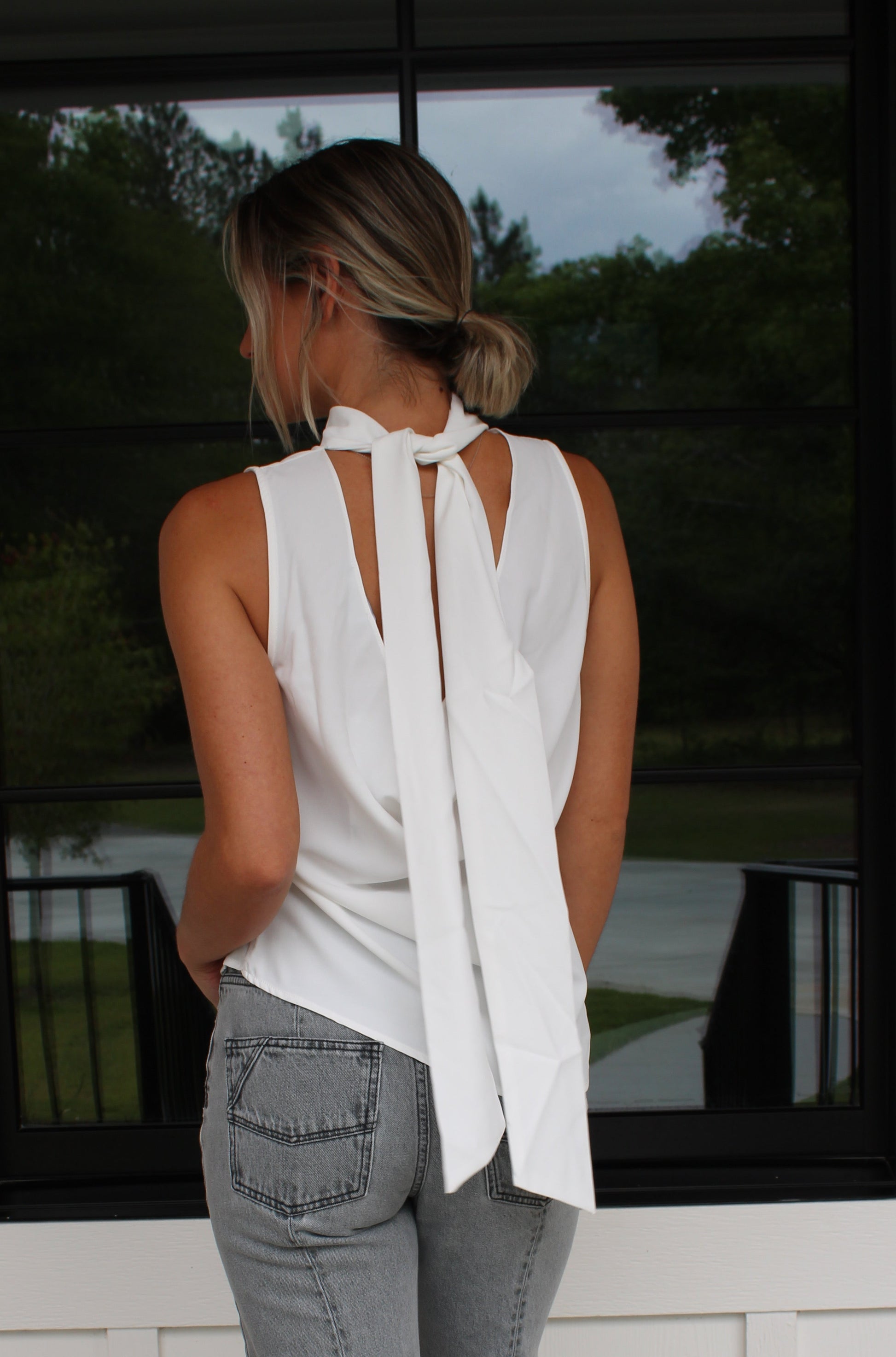 Satin Asymmetric Cowl Back Ribbon Top – Luxury Draped Sleeveless Blouse