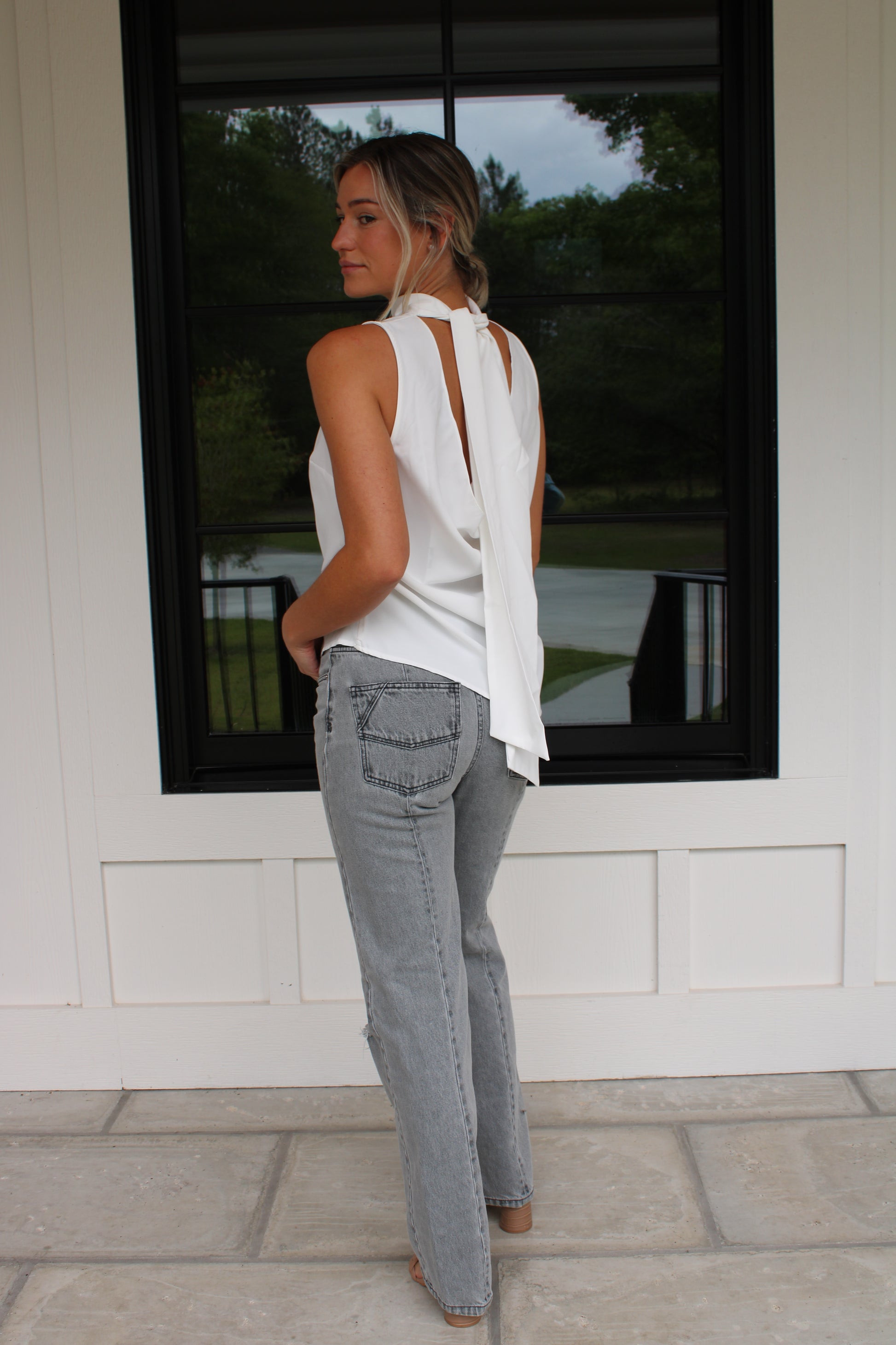 Satin Asymmetric Cowl Back Ribbon Top – Luxury Draped Sleeveless Blouse