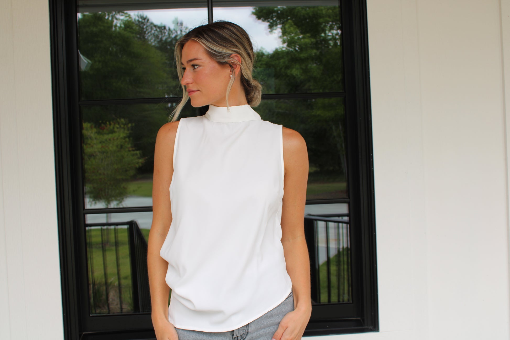 Satin Asymmetric Cowl Back Ribbon Top – Luxury Draped Sleeveless Blouse