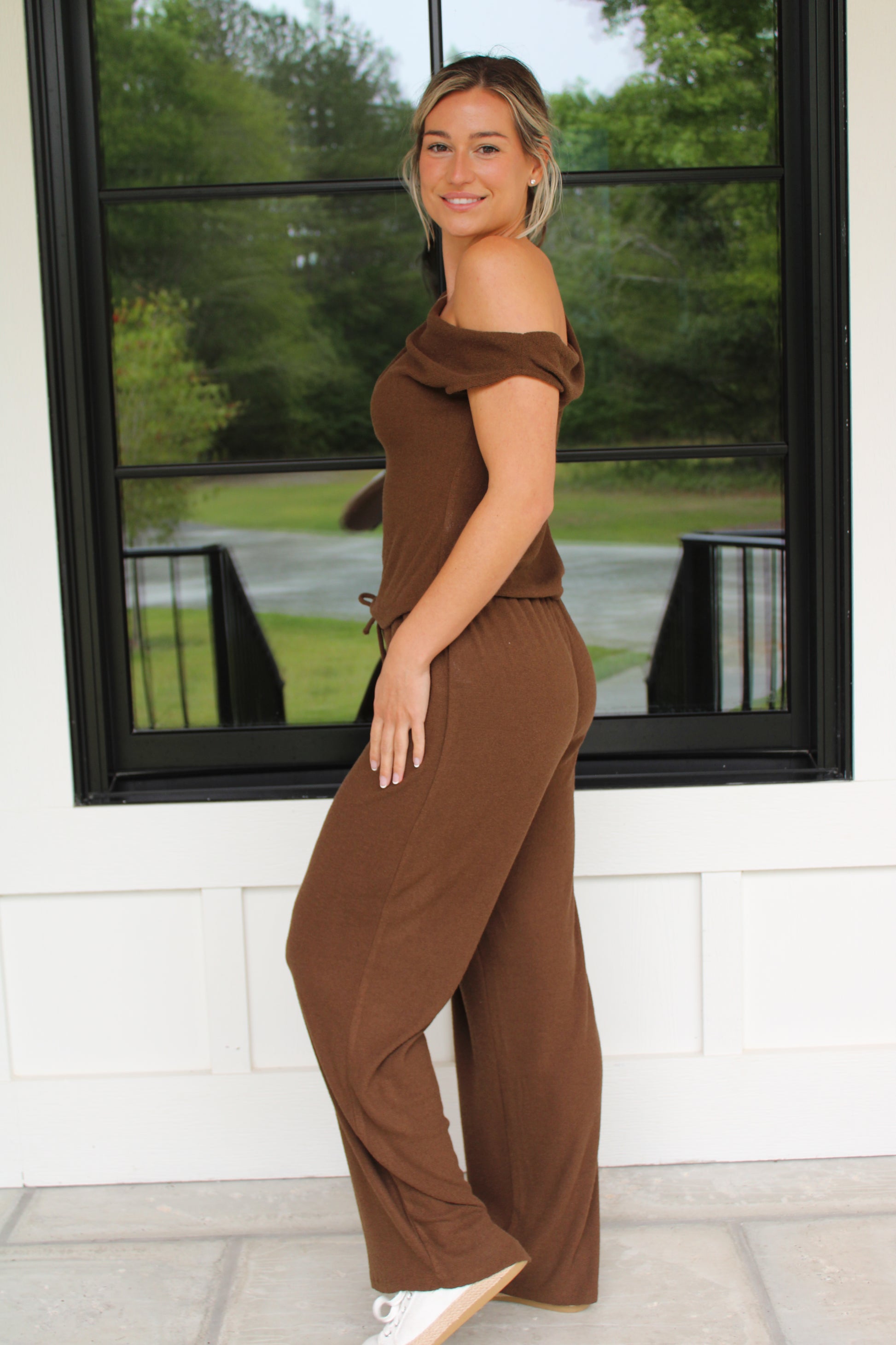 Brown One-Shoulder Lounge Set – Soft Knit Matching Set
