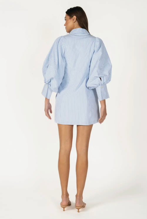 Blue Pinstripe Balloon Sleeve short Shirt Dress